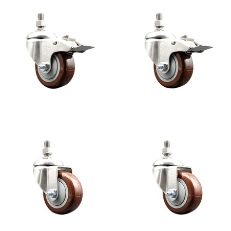 Service Caster 3.5 Inch 316SS Maroon Poly Swivel 10mm Threaded Stem Caster Lock Brake, 2PK SS316TSTTL20S3514-PPUB-MRN-M1015-2S2